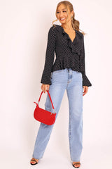 Black Polka Ruffle Wrap Blouse - Calynn-Blouse