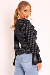 Black Polka Ruffle Wrap Blouse - Calynn-Blouse