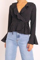 Black Polka Ruffle Wrap Blouse - Calynn-Blouse