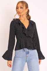 Black Polka Ruffle Wrap Blouse - Calynn-Blouse