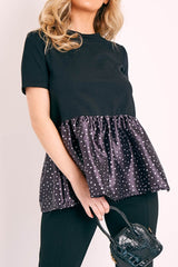 Black Polka Satin Peplum Hem T-shirt - Zyria-T-shirt
