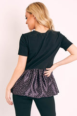 Black Polka Satin Peplum Hem T-shirt - Zyria-T-shirt