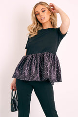 Black Polka Satin Peplum Hem T-shirt - Zyria-T-shirt
