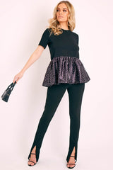 Black Polka Satin Peplum Hem T-shirt - Zyria-T-shirt