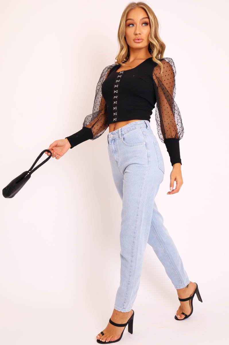 Black Polka Sleeve Eyelet Fastening Square Neck Top - Aayla-Tops