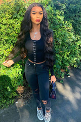 Black Polka Sleeve Eyelet Fastening Square Neck Top - Aayla-Tops