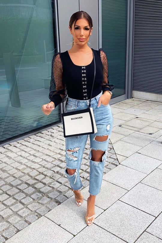 Black Polka Sleeve Eyelet Fastening Square Neck Top - Aayla