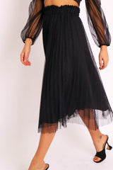 Black Polka Tulle Pleated Midi Skirt - Soniya-Skirts