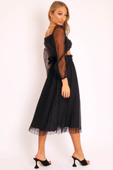 Black Polka Tulle Pleated Midi Skirt - Soniya-Skirts