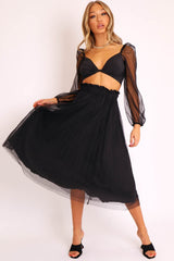 Black Polka Tulle Pleated Midi Skirt - Soniya-Skirts
