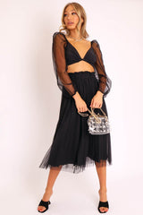 Black Polka Tulle Pleated Midi Skirt - Soniya-Skirts