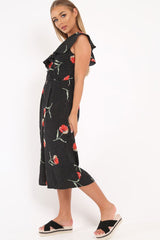 Black Polkadot Floral Asymmetrical Jumpsuit -Marion-Jumpsuits