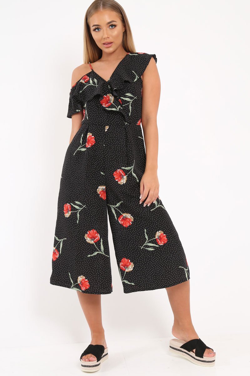 Black Polkadot Floral Asymmetrical Jumpsuit -Marion-Jumpsuits