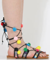 Black Pom Pom Lace Up Sandals - Vixi-Sandals