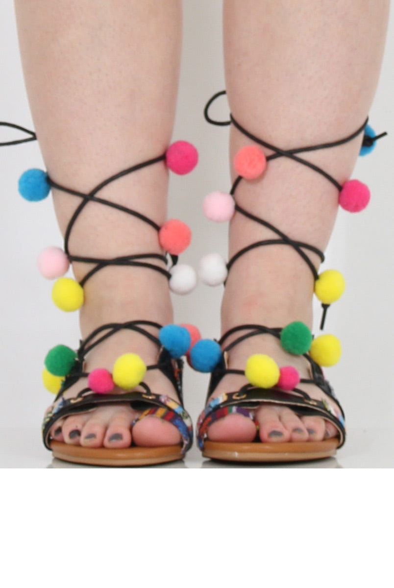Black Pom Pom Lace Up Sandals - Vixi-Sandals