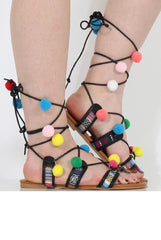Black Pom Pom Lace Up Sandals - Vixi-Sandals