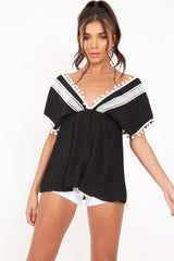 Black Pom Pom Trim Plunge Top - Raaya-Tops