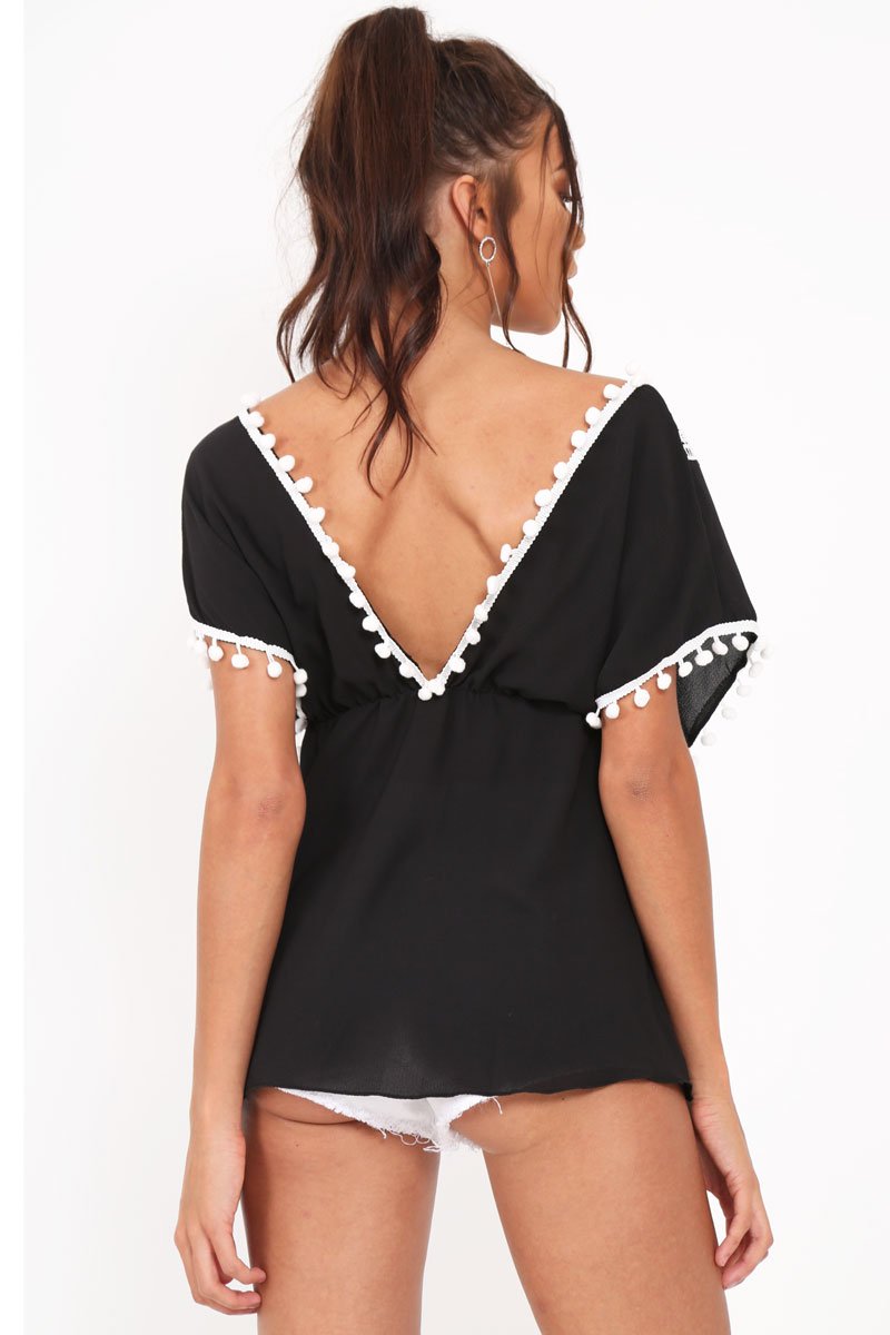 Black Pom Pom Trim Plunge Top - Raaya-Tops