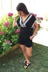 Black Pom Pom Trim Plunge Top - Raaya-Tops