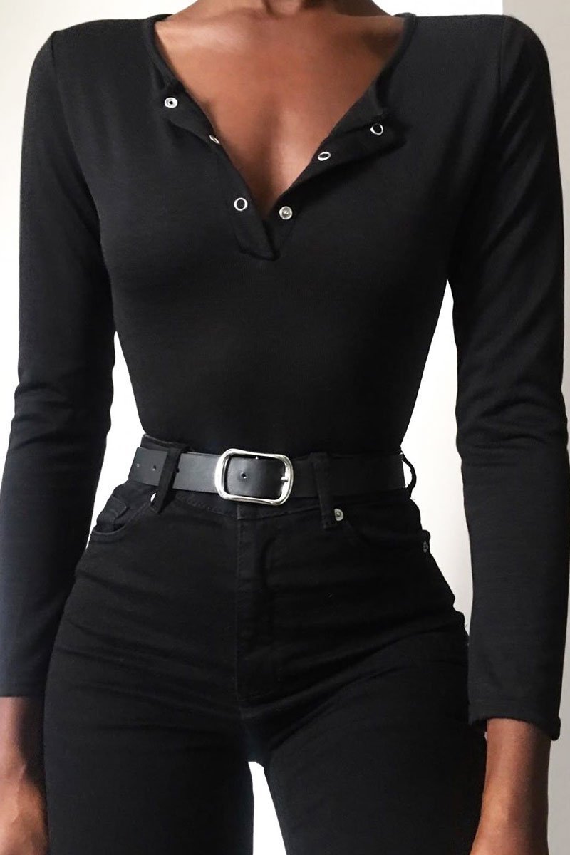 Black Popper Front Bodysuit - Kymia-Bodysuits