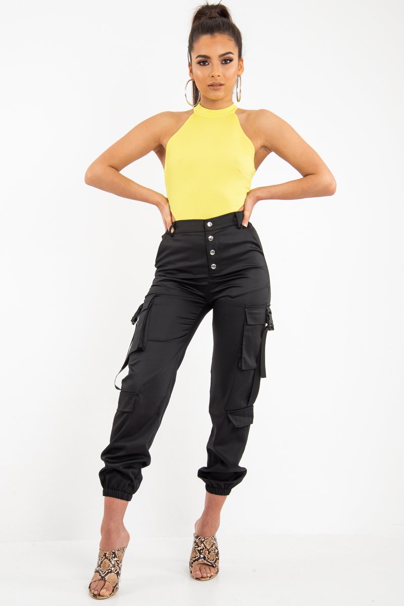 Black Popper Front Buckle Detail Cargo Trousers - Gabriella-Trousers