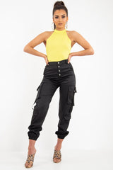 Black Popper Front Buckle Detail Cargo Trousers - Gabriella-Trousers