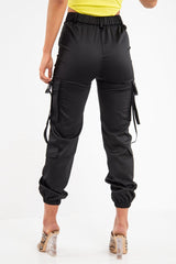 Black Popper Front Buckle Detail Cargo Trousers - Gabriella-Trousers