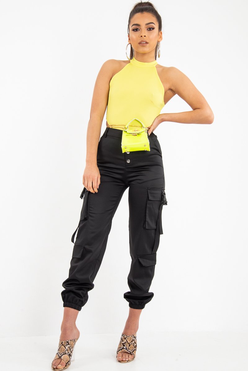 Black Popper Front Buckle Detail Cargo Trousers - Gabriella-Trousers