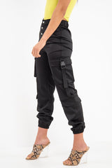 Black Popper Front Buckle Detail Cargo Trousers - Gabriella-Trousers