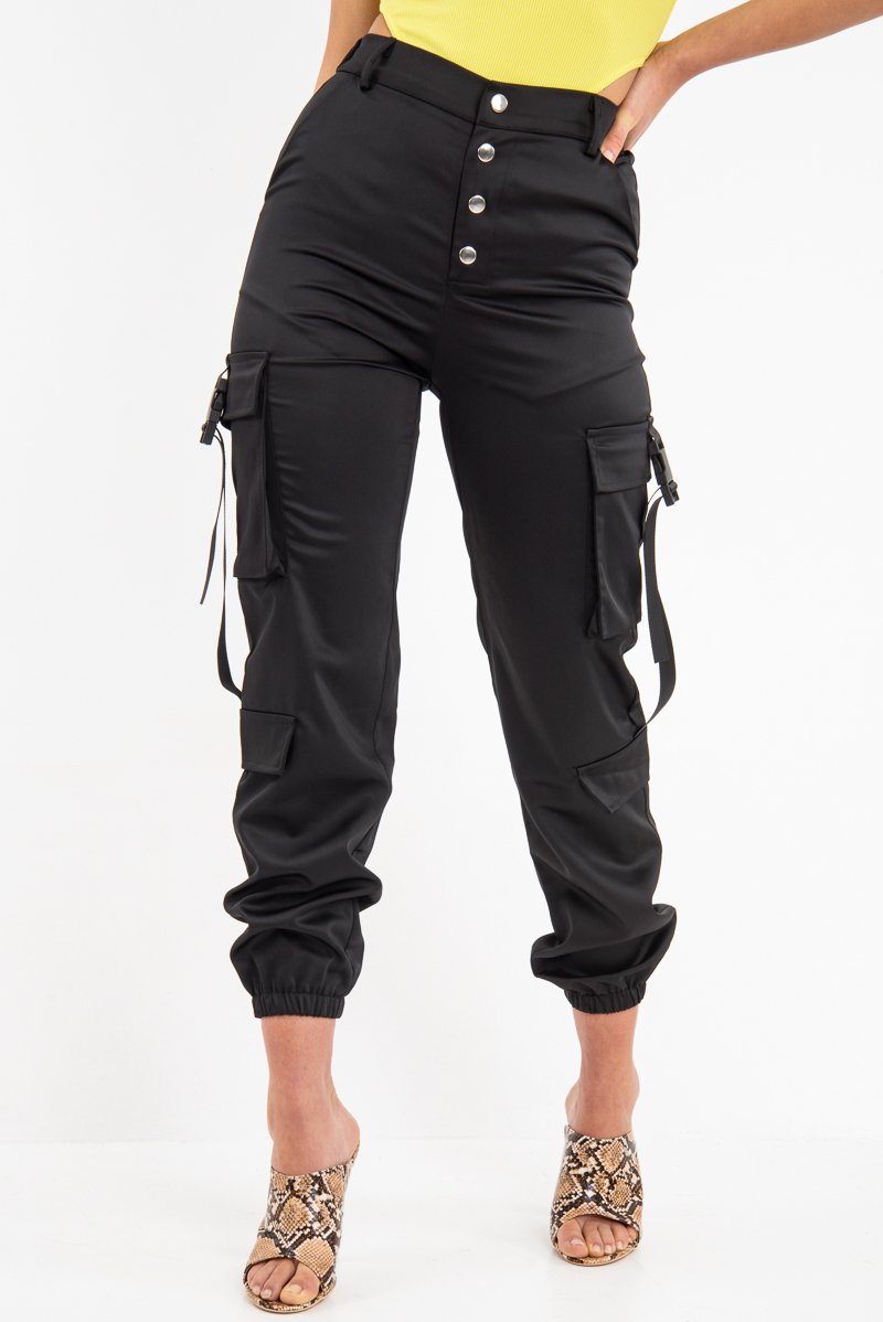 Black Popper Front Buckle Detail Cargo Trousers - Gabriella-Trousers
