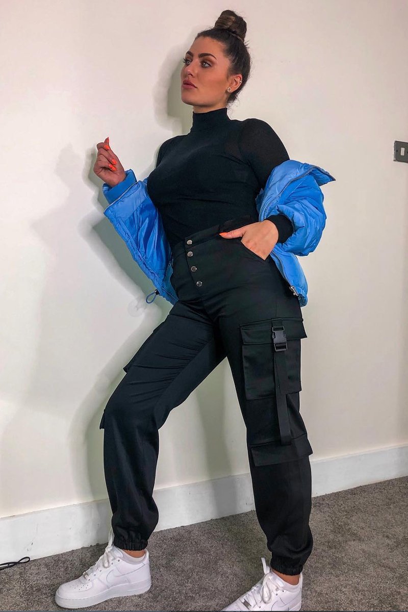 Black Popper Front Buckle Detail Cargo Trousers - Gabriella-Trousers