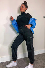 Black Popper Front Buckle Detail Cargo Trousers - Gabriella-Trousers