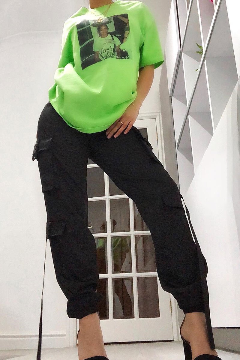 Black Popper Front Buckle Detail Cargo Trousers - Gabriella-Trousers