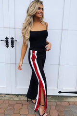 Black Popper Tailored Trousers with Red and White Stripe - Simona-Trousers