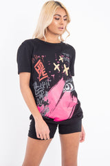 Black Printed Slogan Longline T-Shirt - Jaylissa-T-shirt