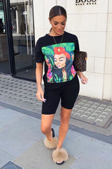Black Printed T-shirt and Cycling Shorts Co-Ord - Eliza-Co-ords