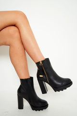 Black Pu Block Heel Zip Side Boots - Seraphine-Boots