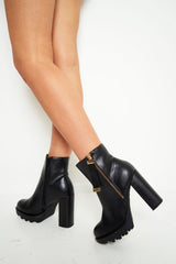 Black Pu Block Heel Zip Side Boots - Seraphine-Boots