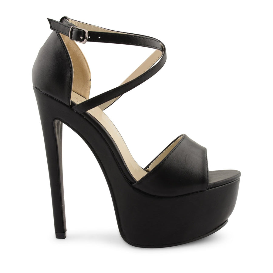 Black Pu Cross Over Strap Platform Heels - Martha-Heels