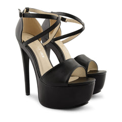 Black Pu Cross Over Strap Platform Heels - Martha-Heels
