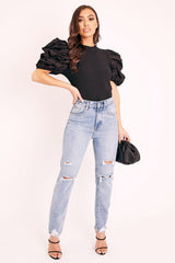 Black Puff Short Sleeve Ribbed Top - Eilah-Tops