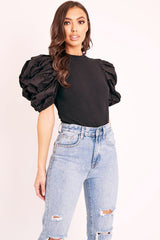 Black Puff Short Sleeve Ribbed Top - Eilah-Tops
