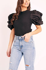 Black Puff Short Sleeve Ribbed Top - Eilah-Tops
