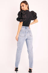 Black Puff Short Sleeve Ribbed Top - Eilah-Tops