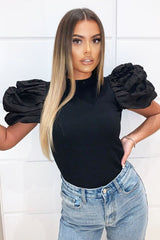 Black Puff Short Sleeve Ribbed Top - Eilah-Tops