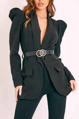 Black Puff Shoulder Belted Blazer - Felicity-Blazers