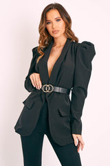 Black Puff Shoulder Belted Blazer - Felicity-Blazers