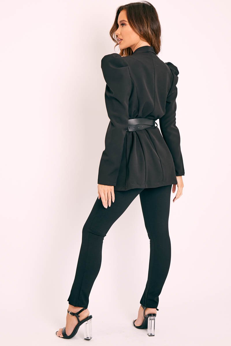Black Puff Shoulder Belted Blazer - Felicity-Blazers