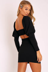 Black Puff Sleeve Bardot Neckline Milkmaid Mini Dress - Nyomi-Dresses