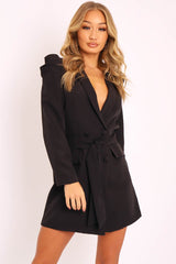 Black Puff Sleeve Belted Waist Blazer Dress - Daionna-Dresses
